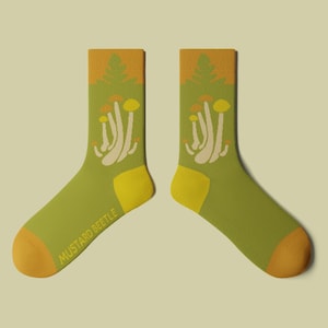 Mushrooms & Ferns Crew Socks, Green, Mustard Yellow, Orange