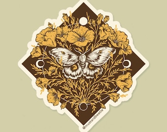 Adesivo: Falena e papaveri (falena Polifemo e papaveri della California), fasi lunari, illustrazione scientifica, adesivo in vinile impermeabile da 3"