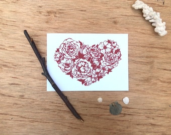 Floral Heart, Rose Heart, Hand Printed Screen Print, 5x7", Anniversary, Valentines, Print