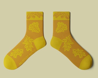 Oak Leaves & Acorns, Nature, Hiking, Short Crew Socks, Orange and Mustard Yellow