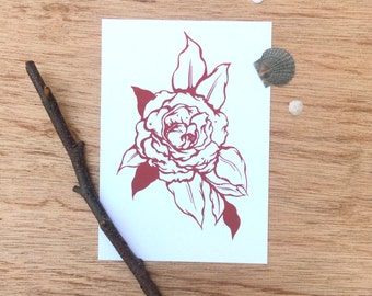 Rose, Hand Printed Screen Print, Traditional Tattoo Style Rose, Botanical Print, 5x7"