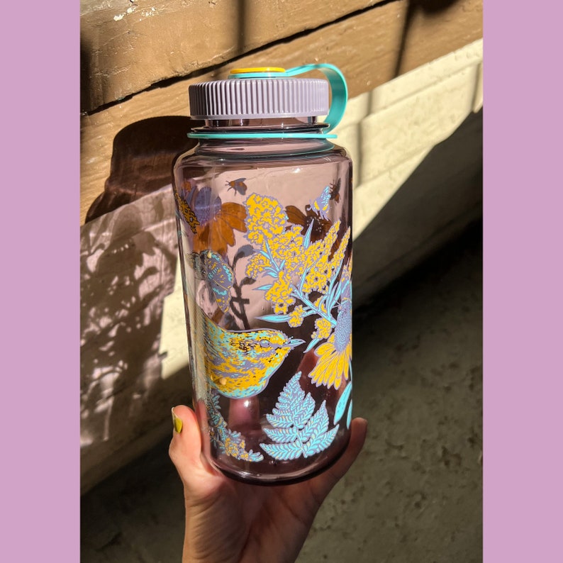 32oz Wide Mouth Nalgene Water Bottle: Prairie, Prairie Warbler, Bird, Floral image 3