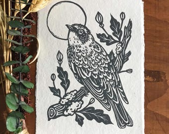 キイロアメリカムシクイ リノカット版画：金インク、手漉き紙、限定版