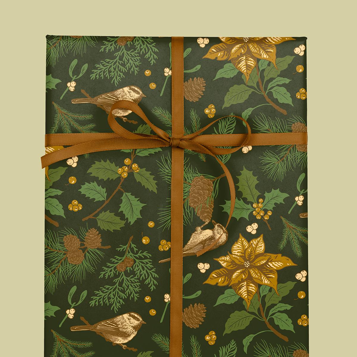 Gift Wrap: Yuletide Chickadee (Black & Mustard)