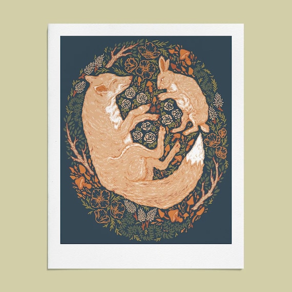 Fox and Hare Art Print: Floral Scientific Illustration, 8x10" Giclee