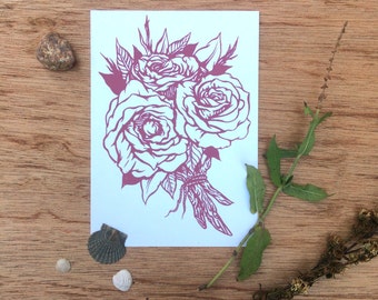 Mauve Pink Rose Bouquet, Floral, Botanical, Original Illustration, Hand Screen Print, 5x7", Fine Art Print