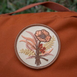 Floral, Flowers, Poppies and Eucalyptus Embroidered Patch, Iron on Patch