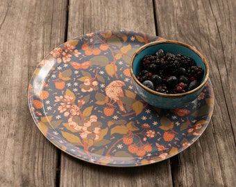 Berries, Butterfly, Bird, Bees, Navy Blue Fruit Tray, Serving Tray, Kitchen, Home, 10" Birch Laminate