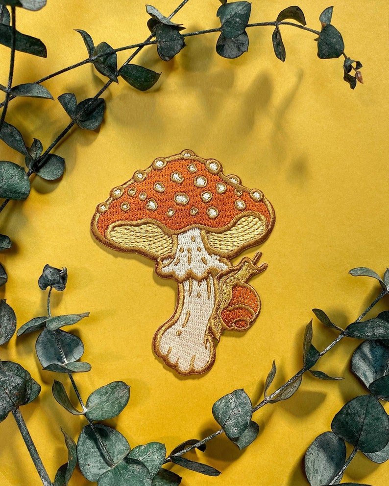 Mushroom and Snail Embroidered Patch, Iron on Patch image 1