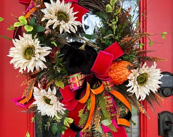Elegant Fall Wreath: Black Pumpkin, Sunflowers & Designer Ribbons