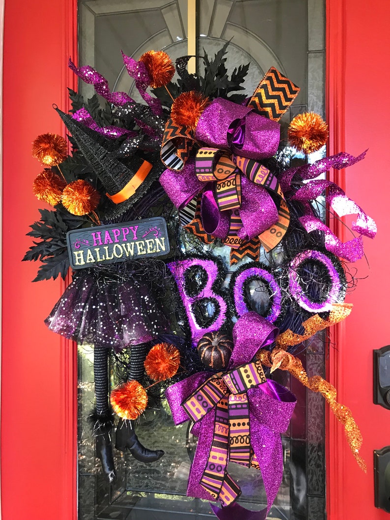 Witch Wreath Happy Halloween Wreath Boo Wreath Wicked Witch Wreath Halloween Wreath Scary Halloween Wreath Purple Black Witch Wreath