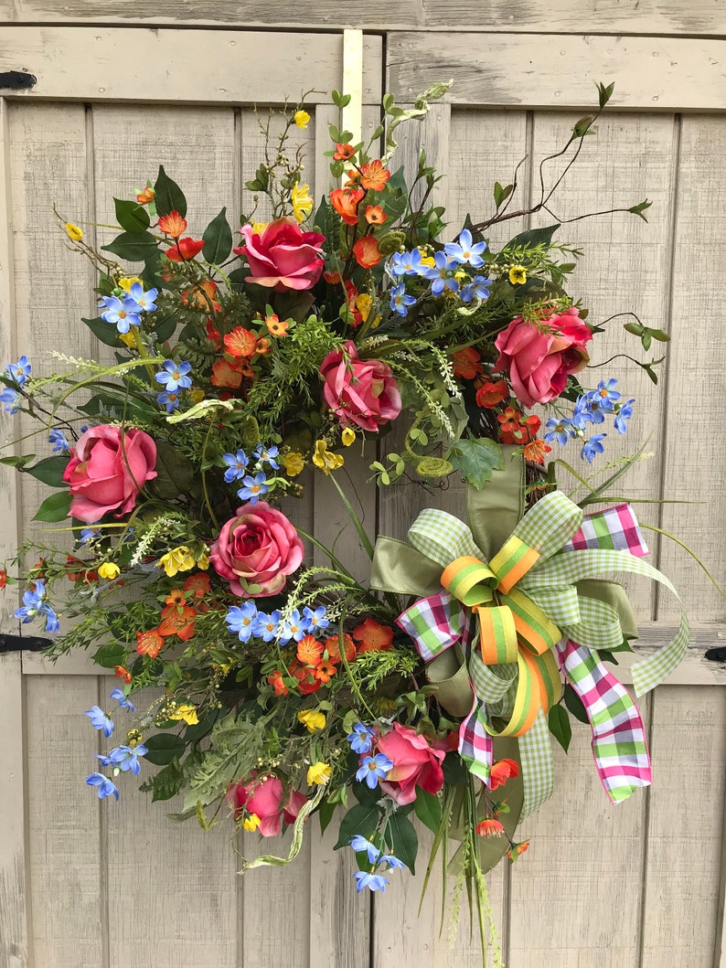 Large Summer Wreath Flower Garden Wreath Country Rose Garden Etsy