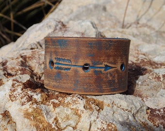 arrow leather cuff/turquoise brown leather cuff/leather bracelet/upcycled leather cuff/womens cuff/unisex style cuff/leather jewelry/C215