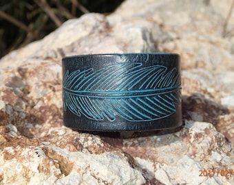 turquoise feather cuffblack leather cuff/leather bracelet/upcycled leather cuff/womens bracelet/teen girls cuff/leather jewelry/tribal/C216