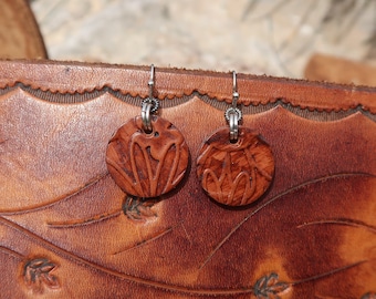 mini brown leather earrings/girls leather earrings/flower earrings/womens earring/round brown earrings/small earrings/leather jewelry/E98