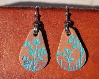 blue brown flower leather earrings/handmade flower leather earrings/teardrop earrings/flower earrings/womans earrings/teen girl earrings/E46