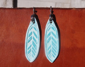 green blue handmade leather feather earrings/tooled cowgirl earrings/leather jewelry/painted feather earrings/womans girls earrings/E135