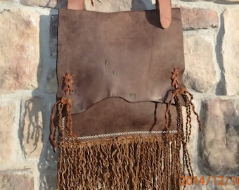 OOAK  kind hippie hobo bag/hand made leather fringe bag/distressed leather shoulder crossbody purse/womans girls bag/dark brown leather/