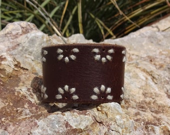 boho leather cuff/womans/girls/leather cuff/woven string bracelet/leather jewelry/repurposed/upcycled brown white leather cuff/C5