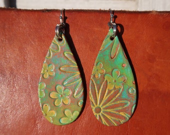 green yellow blue flower leather earrings/handmade leather earrings/leather jewelry/leather earrings/womans teen girls earrings/E42