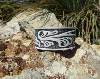 upcycled leather cuff/black white floral cuff/womans mens leather cuff bracelet/retro leather cuff/leather jewelry/tooled flower cuff/C115