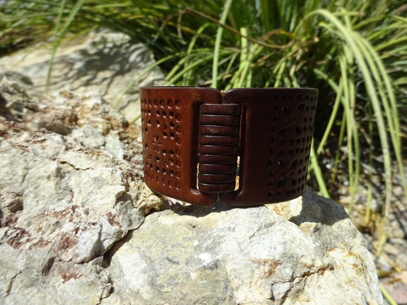 Upcycled Flower Cuff Bracelet/brown Leather Cuff/womans Etsy