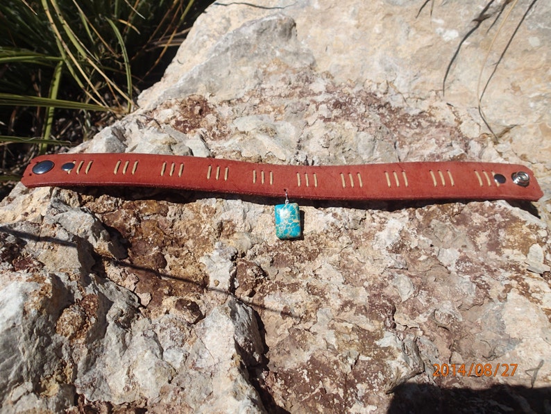 handmade leather chokerupcycled leather necklacewomansgirls leather chokerboho leather chokerturquoise stone necklacesewn chokerCH93