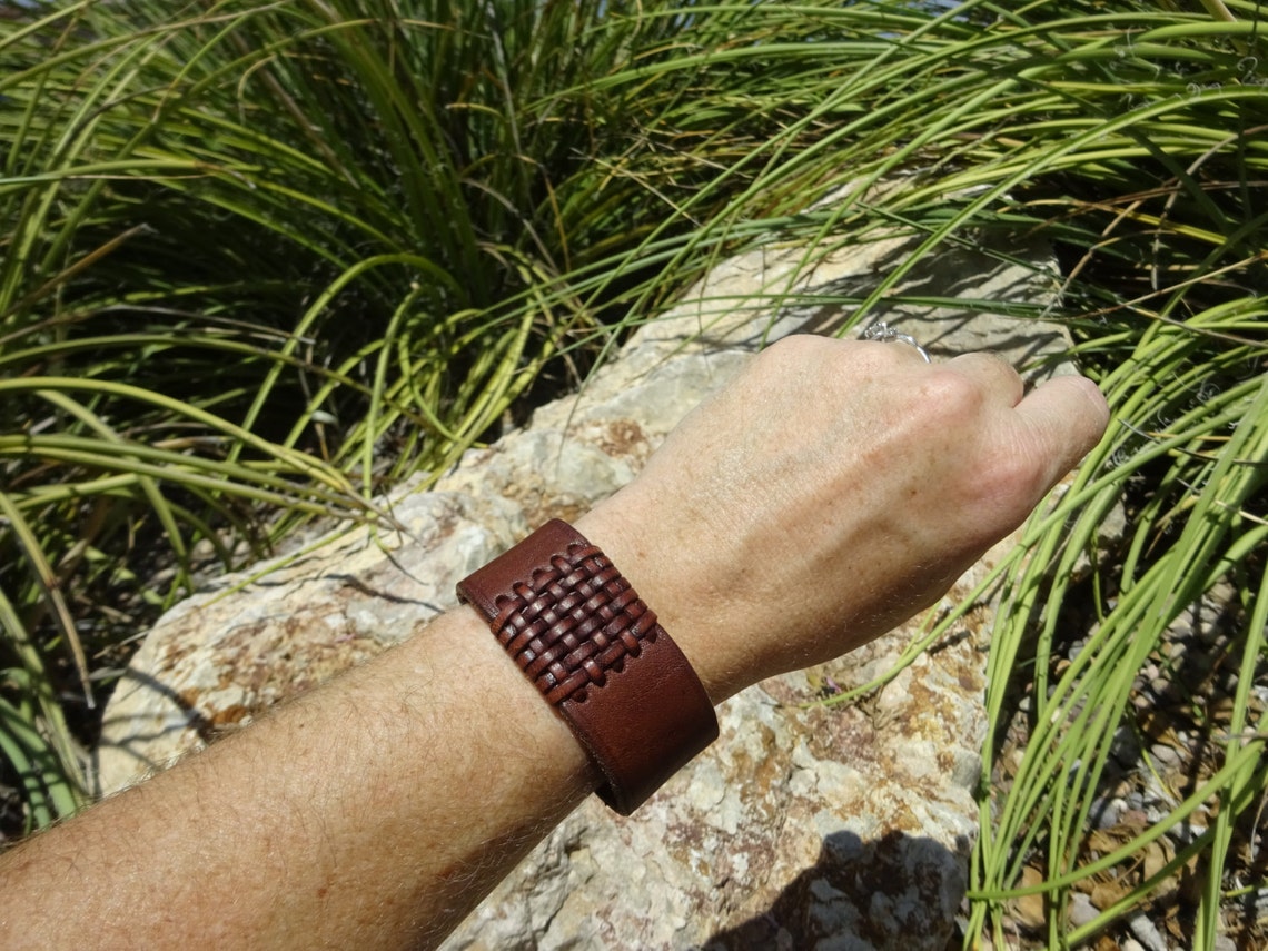 Brown Leather Cuff/basket Weave Leather Cuff/upcycled Leather Etsy