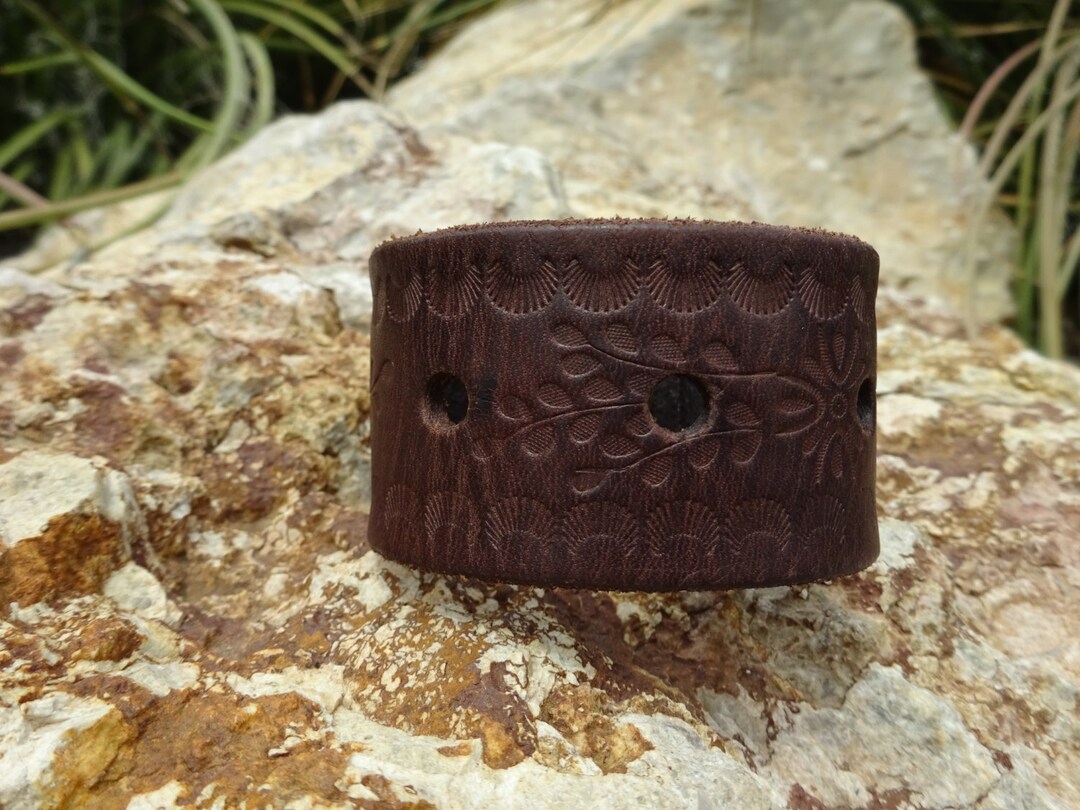 Brown Leather Cuff/upcycled Flower Cuff Bracelet/womans  display picture 1