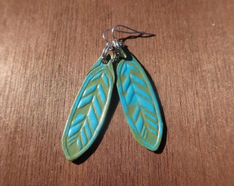 green blue handmade leather feather earrings/tooled cowgirl earrings/leather jewelry/painted feather earrings/womans girls earrings/E133