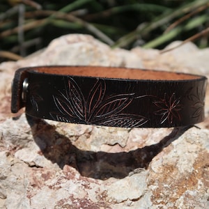 OOAK handmade leather choker/black and tan/hand carved upcycled necklace/woman/girl/leather choker/boho/hippie/handmade flower choker/CH14