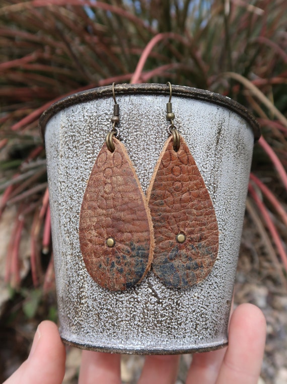 Brown Leather Earrings embossed Leather Earrings flower Earrings leather Jewelry upcycled Brown Earrings womans Earring girls Earrings e88 Etsy