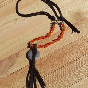 Handmade leather and stone necklace/orange and gray stone necklace/boho necklace/stone focal necklace/N5