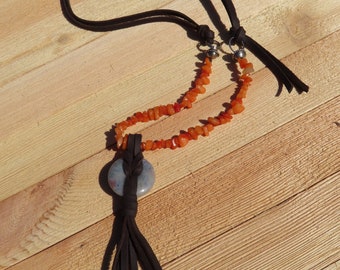 Handmade leather and stone necklace/orange and gray stone necklace/boho necklace/stone focal necklace/N5