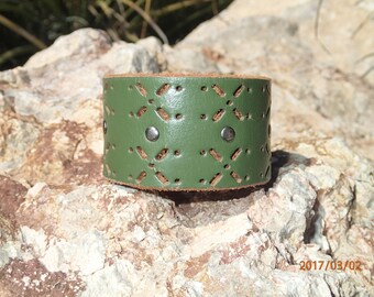 green punched cuff/green leather cuff/womans leather cuff bracelet/leather jewelry/upcycled leather cuff/girl bracelet/mens cuff/C227