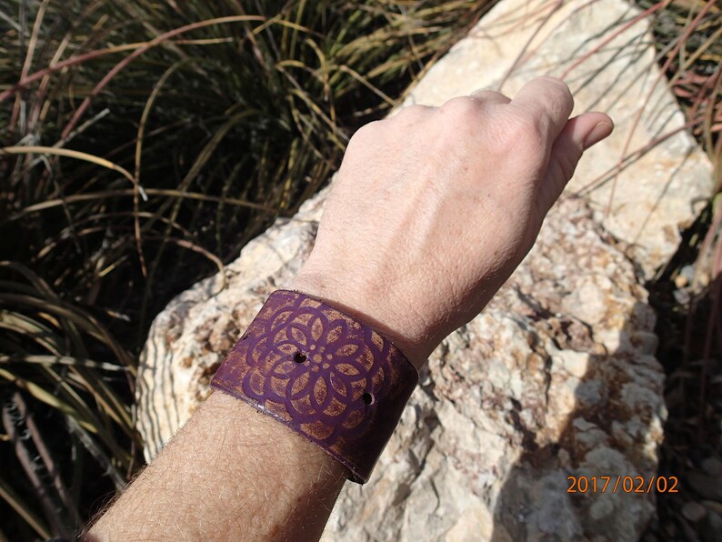 purple leather flower cuffhandmade leather cuffflower braceletpainted leather braceletwomans braceletgirl braceletleather jewelryC232
