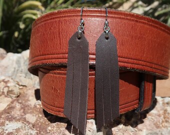 handmade brown fringe earrings/cowgirl earrings/leather jewelry/leather earrings/womans earrings/girls earrings/fringe dangle earrings/E108