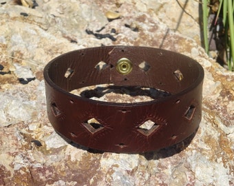 OOAK leather choker/upcycled brown leather choker/punched diamond pattern necklace/boho tribal rustic distressed punched leather choker/CH43