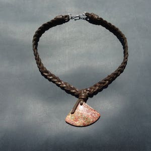 Handmade leather and stone necklace/leather jasper necklace/braided leather necklace/brown leather necklace/boho hippy necklace/N12