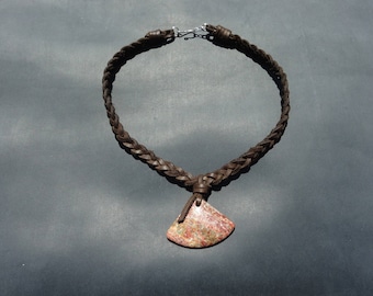 Handmade leather and stone necklace/leather jasper necklace/braided leather necklace/brown leather necklace/boho hippy necklace/N12