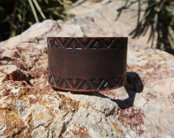 brown leather cuff/upcycled cuff bracelet/aztec style cuff/womans bracelet/mens bracelet/stamped cuff/leather jewelry/accessories/C990
