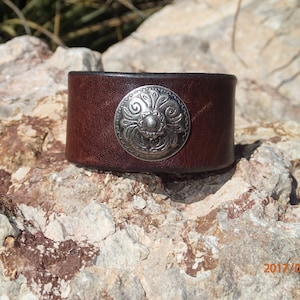 brown leather cuff/silver rose concho cuff/upcycled leather bracelet/womans bracelet/girls bracelet/southwestern cuff/distressed cuff/C222