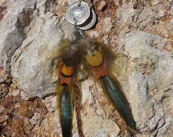 OOAK feather earrings/kuchi tin earrings/pheasant feather earrings/feather dangles/Boho earrings/women/girls earrings/jewelry/E2