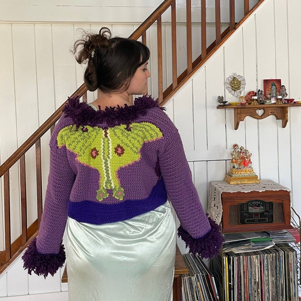 Handmade Crochet Handmade Crochet Luna Moth Penny Lane Sweater - Purple and Green Hippie Style