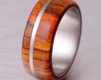 wood wedding band Anniversary Gift Cocobolo exotic wood organic flat beveed Gift for her him personalized gift titanium band 9mm wood band