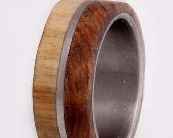 Olive & Bocote Wood Ring: Titanium Band, Unique Grain Wedding Band
