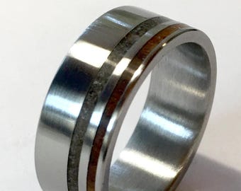 Mens Titanium Wedding Band: Dinosaur Fossil & Desert Ironwood Ring
