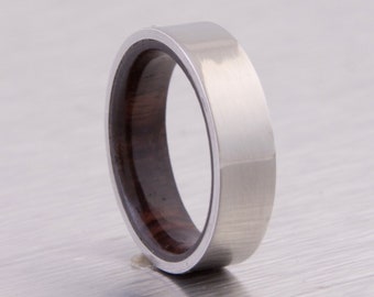 titanium wood ring flat band wedding ring cocobolo wood  ring mens wedding band inside wood band