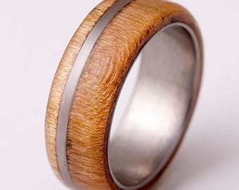 Cherry Wood Ring: Titanium Flat Band, Unique Grain Wedding Band