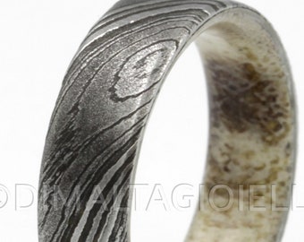 Men's Wedding Ring, Damascus Steel with Deer Antler Inlay, Rustic Ring, Hunting Ring, Handmade Alternative Wedding Band